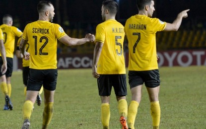 <p><strong>NEW SEASON.</strong> Ceres-Negros FC’s Stephan Schrock, Mike Ott, and Bienvenido Marañon during the 2019 AFC Cup ASEAN Zonal semi-finals match at Panaad Stadium in Bacolod City. The Busmen gears up for a strong start to its 2020 campaign, starting with a match against Myanmar’s Shan United in the preliminary stage of the AFC Champions League on January 14. <em>(File photo courtesy of Ceres-Negros FC)</em></p>