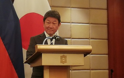 <p><strong>LIFTED</strong>. Japanese Foreign Minister Motegi Toshimitsu speaks before the media following his bilateral meeting with Foreign Affairs Secretary Teodoro Locsin Jr. in Makati City. The minister in his speech welcomed the Philippine government's lifting of importation ban on food products originating from Fukushima. <em>(PNA photo by Joyce Ann L. Rocamora)</em></p>