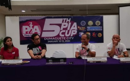 <p><strong>5th PINAY IN ACTION CUP.</strong> Ayra Malabayabas, project manager of Pinay in Action; Dr. Dinno Depositario, Assistant Dumaguete City Administrator; Coach Roger Banzuela of the Negros Oriental-Siquijor Regional Football Association (NORSIFA); and Coach Edwin Cabalida, also of NORSIFA, are shown from left to right during a press conference in Dumaguete City on Thursday (Jan. 9. 2020). Dumaguete City will be hosting the three-day women's 9-a-side football tournament from Friday to Sunday. <em>(Photo by Judy Flores Partlow)</em></p>