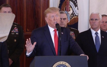 <p><strong>NO CASUALTIES.</strong> US President Donald Trump (C) delivers a statement at the White House in Washington D.C., the United States on Wednesday (Jan. 8, 2020). Trump said no US casualties have resulted from Iran's missiles attack against US forces in Iraq on Tuesday, adding that the United States would impose additional sanctions against Tehran. <em>(Xinhua/Hu Yousong)</em></p>