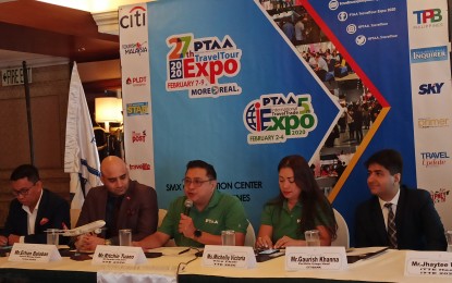 <p><strong>TRAVEL INDUSTRY GROWTH.</strong> Officials of the Philippines Travel Agencies Association (PTAA) hold a press conference for the 27th PTAA Travel Tour Expo 2020 at the Manila Hotel on Friday (Jan. 10, 2020). PTAA President Ritchie Tuaño (center) said services offered by travel agencies are still in demand despite more people who are booking and planning their trips online. <em>(PNA photo by Kris Crismundo)</em></p>