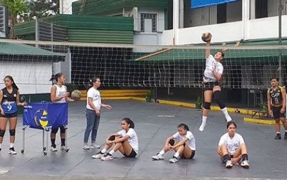 <p><strong>READY TO DEFEND</strong>. The Baguio girls volleyball team prep up for the Cordillera Administrative Region Athletic Association (CARAA) meet starting on Feb. 16. Here, the team composed of nine players from Baguio champion, University of the Cordilleras, two from the University of Baguio and one from the Baguio City High School hold practice sessions at the UCHS open court. <em>(PNA photo by Pigeon Lobien)</em></p>