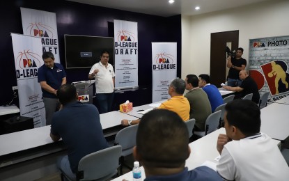 <p><strong>D-LEAGUE DRAFT</strong>. Philippine Basketball Association (PBA) Commissioner Willie Marcial briefs the representatives of the participating teams in the 2020 PBA D-League Aspirants Cup during the draft at the PBA office in Quezon City on Monday (Jan. 20, 2020). AMA picked unheralded Reed Baclig as the first overall pick. <em>(Photo courtesy of PBA Media Group)</em></p>