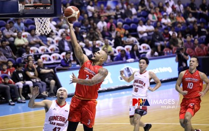 <p><strong>PHOENIX-BOUND.</strong> Sol Mercado scores a layup in one of the 2019 PBA Governor’s Cup semifinals actions between NorthPort and Ginebra. NorthPort sent Mercado to Phoenix team in exchange for LA Revilla and Rey Guevarra. <em>(Photo courtesy of PBA)</em></p>