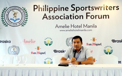 <p><strong>OLYMPICS PREPARATION.</strong> Philippine Sports Commission national training director Marc Velasco discusses the country's preparations for 2020 Tokyo Olympic Games during the Philippine Sportswriters Association Forum at the Amelie Hotel in Malate, Manila on Tuesday (January 21, 2020). He said an Olympic qualifying conference will be held on Wednesday where different national sports associations will present their plans, programs, and expectations. <em>(PNA photo by Jess M. Escaros Jr.)</em></p>