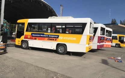 <p><strong>MODERN JEEPNEYS.</strong> The Public Transport Alliance of GenSan, the biggest transport group in General Santos City, receives the initial 15 units of “modern jeepneys” (in photo) it ordered from Hyundai Philippines on Tuesday (Jan. 21, 2020). Each unit costs PHP2.3 million which the group acquired through a loan from the Development Bank of the Philippines. <em>(PNA photo by Richelyn Gubalani)</em></p>
