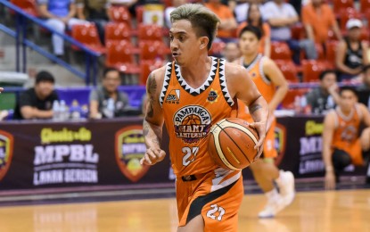 <p><strong>MPBL ELIMS</strong>. Michael Juico scores 19 points in Pampanga's 90-70 rout of Rizal in the ongoing MPBL eliminations at the Ynares Sports Arena in Pasig on Thursday night (Jan. 23, 2020). The win formally secured Pampanga with a playoff slot. <em>(Photo courtesy of MPBL)</em></p>