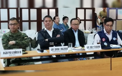 <p><strong>ANTI-INSURGENCY MEETING.</strong> Key officials listen to question from the media during a meeting on Thursday (Jan. 23, 2020) that tackled efforts to end local communist insurgency in Eastern Visayas at the Department of the Interior and Local Government regional office in Tacloban City. In photo (from left to right) are Philippine Army 8th Infantry Division commander, Maj. Gen. Pio Diñoso III, Northern Samar Governor Edwin Oncgchuan, Eastern Samar Governor Ben Evardone, and National Security Adviser Hermogenes Esperon Jr. <em>(PNA photo by Sarwell Meniano)</em></p>