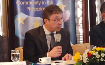 <p><strong>TARIFF-FREE</strong>. Delegation of the EU to the Philippines Chargé d’ Affaires Thomas Wiersing at the European Chamber of Commerce of the Philippines press conference at the Dusit Thani Hotel in Makati City on Thursday (Jan. 23, 2020).  Wiersing said some 2 billion euros (PHP113 billion) worth of Philippine products entered the European Union market tariff-free under the EU Generalised Scheme of Preference Plus (GSP+) last year. <em>(PNA Photo by Kris Crismundo)</em></p>