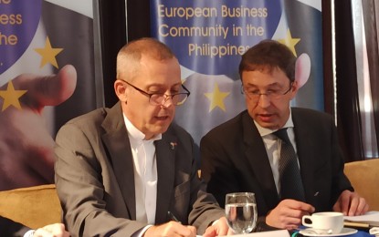 <p>European Chamber of Commerce of the Philippines (ECCP) president Nabil Francis (left) and Delegation of the European Union to the Philippines Chargé d’ Affaires Thomas Wiersing <em>(PNA file photo)</em></p>