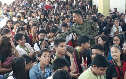 <p><strong>TAPPING THE YOUTH AS PARTNERS.</strong> Students of Calbayog City National High School in Samar join a symposium against crime, drugs, and terrorism organized by the Philippine National Police (PNP) regional mobile force battalion. The strengthened advocacies against illegal drugs and terrorism aim to mobilize and organize the youth sector into a potent force organization and proactive partner of PNP. <em>(PNA photo by Roel Amazona)</em></p>