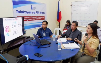 <p><strong>CALAMITY AID.</strong> Pag-IBIG marketing specialist Delan John Llarena, GSIS manager Levi Olivar Jr. and SSS communications officer Jeanette Torallo-Mapa (left to right), are shown during the Talakayan sa Philippine Information Agency (PIA) in the city on Thursday (Jan. 23, 2020). The officials discussed their government calamity assistance programs offered to Bicolanos who were affected by Typhoon Tisoy last December. <em>(Photo courtesy of Jeanette Mapa)</em></p>