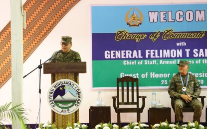 <p><strong>END COMMUNIST INSURGENCY.</strong> Newly-installed commander of the Armed Forces of the Philippines' (AFP) Eastern Mindanao Command (EastMinCom), Maj. Gen. Jose Faustino, delivers a speech during the change of command ceremony in Davao City on Saturday (Jan. 25, 2020). Faustino vowed to put an end to the communist insurgency. <em>(Photo courtesy of OPAPP)</em></p>