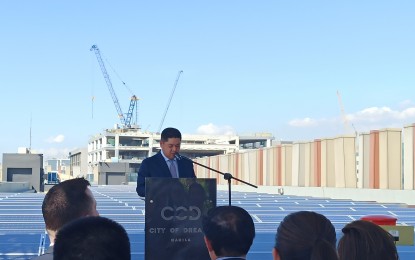 <p><strong>MORE RENEWABLES.</strong> Spectrum President Victor Genuino delivers his speech during the inauguration of the 1.2-megawatt solar power facility of City of Dreams on Jan. 27, 2020 at City of Dreams Manila. Spectrum targets to double its renewable installation capacity by end-2020. <em>(PNA photo by Kris Crismundo)</em></p>