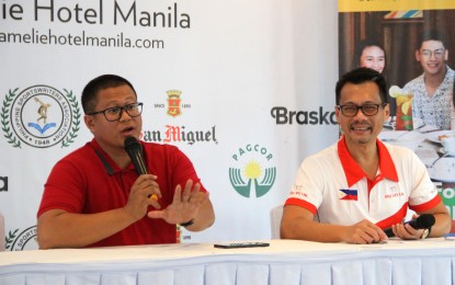 <p><strong>CYCLING.</strong> Pru Life UK senior vice president and chief customer marketing officer Allan Tumbaga and race director Ian Alacar discuss upcoming award-winning cycling event, the PRURide PH, during the Philippine Sportswriters Association Forum at the Amelie Hotel in Malate, Manila on Tuesday (January 28, 2020). Tumbaga said more than 2,000 cyclists, including foreign teams, will compete in the event set to be held at Clark Pampanga from March 11 to 15 this year. (PNA photo by Jess M. Escaros Jr.)</p>