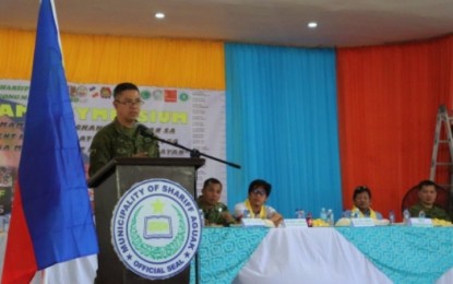 <p><strong>NO TO EXTREMISM.</strong> Army Colonel Jose Narciso, commander of the Army’s 601st Infantry Brigade, emphasizes that violent extremism should have no place in peaceful communities of the province, during Wednesday's (Jan. 28, 2020) symposium in Shariff Aguak, Maguindanao. Officials of Shariff Aguak, led by Mayor Marop Ampatuan, vowed to work closely with the military to prevent violent extremism in the municipality. <em>(Photo courtesy of the Army’s 601IB)</em></p>