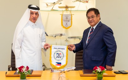<p><strong>PARTNERSHIP.</strong> PFF general secretary, Atty. Edwin Gastanes (right) with Qatar Airways Group Chief Executive Akbar Al Baker during a signing of partnership ceremony held in Doha, Qatar on January 26, 2020. Qatar Airways is now the primary sponsor of the Philippine Football League. <em>(Photo courtesy of PFF)</em></p>