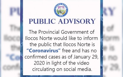 <p><strong>ADVISORY</strong>. Ilocos Norte is coronavirus free. The Ilocos Norte government issues a public advisory to counter fake news circulating in social media. <em>(Image courtesy of the Provincial Government of Ilocos Norte)</em></p>