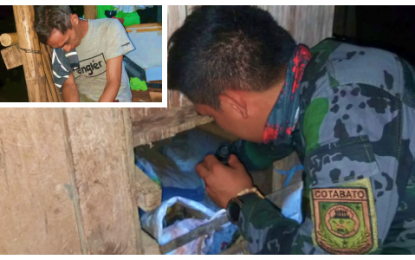 <p><strong>SEIZED</strong>. A police officer inspects a sack containing bomb-making ingredients confiscated inside the house of Jun Cruz Navales (inset), a suspected member of the communist New People’s Army in Barangay Inac, Magpet, North Cotabato on Wednesday (Jan. 29, 2020). Former comrades of the suspect who surrendered to authorities last year tipped off authorities on the existence of the bomb-making materials at the latter’s house, according to the police. <em>(Photos courtesy of Magpet MPS)</em></p>
