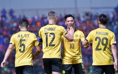 <p><strong>TOP CLUB.</strong> Ceres-Negros FC players celebrate their 1-0 win over Thai powerhouse Port FC during the second phase of qualifying in the AFC Champions League earlier this month. The Bacolod-based squad just reclaimed the number one position in the latest AFC club rankings in Southeast Asia. <em>(Photo courtesy of Ceres-Negros FC)</em></p>