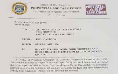 <p><strong>PORK BAN.</strong> Negros Occidental Governor Eugenio Jose Lacson has issued a memorandum on Monday (Feb. 3, 2020), prohibiting the entry of live pigs, pork products and pork-based items coming from Davao Region after a positive case of African swine fever has been confirmed in Davao Occidental. Negros Occidental has raised a 'very high' alert level in its effort to prevent the entry of live pigs and pork products from Mindanao. <em>(Photo by Erwin P. Nicavera)</em></p>