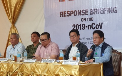 <p><strong>NEGATIVE FOR nCoV.</strong> Dr. Adriano Suba-an (extreme right), OIC director of the Department of Health in Region 10, bares that a second person had tested negative for 2019 novel coronavirus, during a press briefing on Tuesday (Feb. 4) in Cagayan de Oro City. Three other patients are still under investigation inside the Northern Mindanao Medical Center in Cagayan de Oro City and at a hospital in Camiguin province. <em>(PNA Photo by Nef Luczon)</em></p>