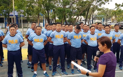 <p><strong>RECALLED.</strong> Col. Emma Libunao, acting Bulacan police director, talks to the 67 cops who were recalled for rendering unauthorized security detail to local chief executives, businessmen, and former elected officials in the province, on Tuesday (Feb. 4, 2020). She said they will be assigned to the Provincial Holding and Administration Unit at the Provincial Headquarters for re-training. <em>(Photo courtesy of Bulacan Police Provincial Office)</em></p>