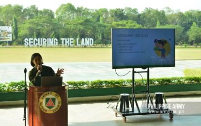 <p><strong>INFO DRIVE.</strong> An officer from the Office of the Army Chief Surgeon holds a briefing on the 2019 novel coronavirus acute respiratory disease in Fort Bonifacio on Wednesday (Feb. 5, 2020). The briefing focused on raising the troops' awareness of the threat level of the virus in the country, recognizing symptoms, and implementing best practices to avoid contracting the disease. (<em>Photo courtesy of Army Chief Public Affairs Office)</em></p>