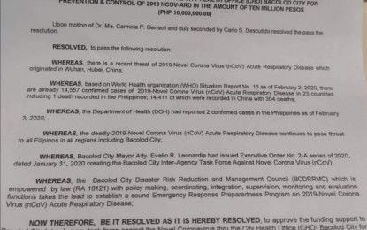 <p><strong>FUND TO FIGHT nCoV.</strong> The Bacolod City Council approves PHP10-million funding support for the Bacolod City Inter-Agency Task Force Against the Novel Coronavirus (nCoV) on Wednesday (Feb. 5, 2020). The amount was requested by the City Disaster Risk Reduction and Management Council to establish a sound Emergency Response Preparedness Program on nCoV. <em>(PNA-Bacolod photo)</em></p>