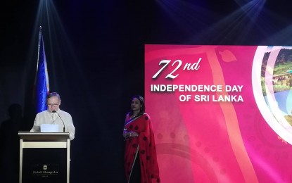 <p><strong>DEEPER TIES WITH SRI LANKA.</strong> Foreign Affairs Secretary Teodoro Locsin Jr. delivers his speech at Sri Lanka's 72nd Independence Day celebration on Wednesday night (Feb. 5, 2020). Locsin announced that ties between the countries will mark another milestone with the opening of the Philippine Embassy in Colombo this year. <em>(PNA photo by Joyce Rocamora)</em></p>
