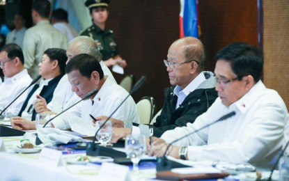 <p><strong>COMMAND CONFERENCE.</strong> President Rodrigo R. Duterte presides over the joint Armed Forces of the Philippines-Philippine National Police Command Conference at the Malacañan Palace on Thursday (Feb. 6, 2020). Also in the photo are Defense Secretary Delfin Lorenzana and National Security Adviser Hermogenes Esperon Jr. <em>(Presidential Photo)</em></p>