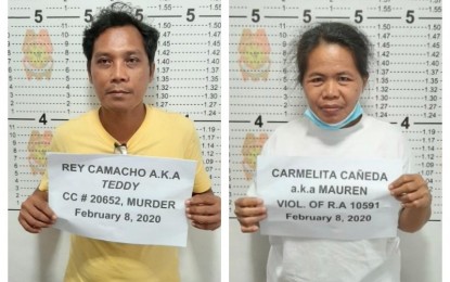 <p><strong>ARRESTED.</strong> Rey Camacho, 51, and his wife, Carmelita, 48, pose for mug shot at the Bohol Provincial Police Office after their arrest in Tulang, Getafe on Saturday (Feb. 8, 2020). The Camacho couple who allegedly holds key positions in the Communist Party of the Philippines-New People's Army (CPP-NPA) was arrested by virtue of warrant of arrest for murder issued by the Regional Trial Court (RTC) of Bohol. (<em>Contributed photo)</em></p>