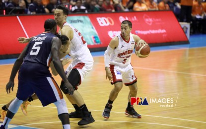 <p><strong>HIATUS</strong>. Ginebra’s center Greg Slaughter gives LA Tenorio a screen in one of the actions in the PBA Governor’s Cup finals which his team won recently vs. Meralco. Slaughter’s performances plummeted in the finals, prompting him to take a break from basketball as his contract expired. <em>(Photo courtesy of PBA)</em></p>