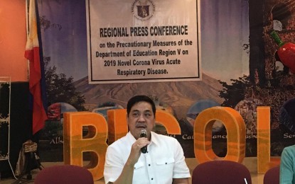 <p><strong>MEASURES VS. nCoV</strong>. DepEd-Bicol Regional Director Gilbert Sadsad says in a press conference in Legazpi City on Monday (Feb. 10, 2020) that his office has suspended scheduled regional events and canceled participation in national activities as part of their precautionary measures against the novel coronavirus. He said that Palarong Bicol, set for Feb. 29-March 7, has been moved to March 21-29, subject to possible changes. <em>(Photo by Connie Calipay)</em></p>