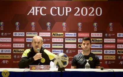 <p><strong>PRE-MATCH.</strong> Ceres-Negros FC head coach Risto Vidakovic (left) and Spanish striker Bienvenido Marañon talk about the team’s preparations for their opening game in the AFC Cup 2020 during a pre-match press conference on Monday. They will face Cambodia’s Preah Khan Reach Svay Rieng FC at Rizal Memorial Stadium at 7:30 p.m. on Tuesday. <em>(Photo courtesy of Ceres-Negros FC)</em></p>