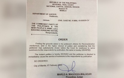 <p>Court order dated February 7, 2020 signed by Manila Regional Trial Court Branch  19 Judge Marlo A. Magdoza- Malagar (<em>PNA photo</em>)</p>