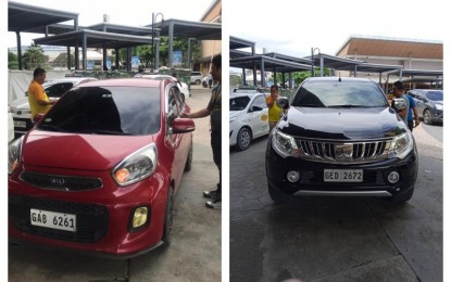 <p><strong>ILLEGAL RIDE-HAILING APP</strong>. Personnel of the Land Transportation Franchising and Regulatory Board (LTFRB) and Highway Patrol Group (HPG) in Region 7 apprehend the drivers of a Kia Picanto sedan and a Mitsubishi Strada pick-up truck for operating as transport network vehicle service using Maxim, a ride-hailing application which is not accredited with the agency. LTFRB-7 Regional Director Eduardo Montealto Jr. on Monday (Feb. 10, 2020) said that Maxim is the second ride-hailing app to operate in Cebu without seeking government permit, with inDriver as the first to be monitored in January this year. <em>(Photo courtesy of LTFRB-7)</em></p>