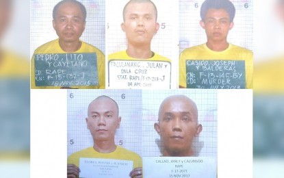<p><strong>RECAPTURED</strong>. The five persons deprived of liberty (PDLs) who bolted the Bureau of Jail Management and Penology (BJMP) jail facility in Manjuyod, Negros Oriental last week are now back in detention. They were recaptured by police operatives on Feb. 8, 2020 in Tayasan town of the same province. <em>(Photo courtesy of Negros Oriental Provincial Police Office)</em></p>