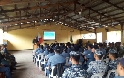 <p><strong>COMMUNITY SUPPORT PROGRAM.</strong> Col. Andrew Costelo, commander of the 703rd Brigade, 7th Infantry Division of the Philippine Army, delivers his message during the opening of the three-day Retooled Community Support Program (RCSP) at the 91st Headquarter’s Social Hall in Baler, Aurora on Monday (Feb. 10, 2020). The participants are selected officers and enlisted personnel of the Philippine Coast Guard, Aurora Police Provincial Office, and the Philippine Army’s 91st Infantry “Sinagtala” Battalion. <em>(Photo by Jason de Asis)</em></p>