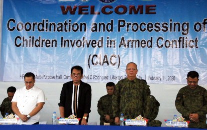 <p><strong>AID TO YOUNG EX-REBELS.</strong> Police Regional Office 13 (Caraga) director, Brig. Gen. Joselito T. Esquivel Jr. (2nd from right), together with Brig. Gen. Maurito L. Licudine, commander of the 402nd Infantry Brigade of the Philippine Army (right); Director Manuel M. Orduña of the National Intelligence Coordinating Agency (NICA) (2nd from left); and Dr. Jayson Ryan R. Lam (left) of the Department of the Interior and Local Government 13, leads the processing activity for 31 youths who were former members of the New People’s Army (NPA), in Butuan City on Tuesday (Feb. 11, 2020). Police and military officials called on the other remaining youths within the NPA to surrender and return to the fold of the law. <em>(PNA photo by Alexander Lopez)</em></p>