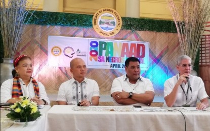 <p><strong>PANAAD</strong>. Negros Occidental Governor Eugenio Jose Lacson (right), with (from left) Provincial Tourism Division chief Jennylind Cordero, Provincial Administrator Rayfrando Diaz, and Vice Governor Jeffrey Ferrer, lead the launch of the Panaad sa Negros Festival 2020 held at the Capitol Social Hall in Bacolod City on Tuesday (Feb. 11, 2020) afternoon. With the theme “The Future is Now!”, the festival will be held on April 20-26. (<em>PNA photo by Nanette L. Guadalquiver</em>) </p>