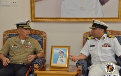 <p><strong>COURTESY CALL. </strong>Naval Task Force 82 head, Col. Noel Beleran (left) shares a light moment with Maritime Security Center head, Commodore Mansoor Mohammed Mansoor AL Kharusi (right), who represented the head of Royal Navy Oman, during a courtesy call on Sunday (Feb. 9, 2020). The Philippine Navy contingent is on its way to repatriate overseas Filipino workers in the Middle East.<em> (Photo courtesy of Naval Public Affairs Office)</em></p>