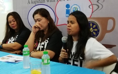 <p><strong>PARENTS' ORDEAL.</strong> Anabelle Sabado (right), secretary of Hands Off Our Children turns emotional recalling the ordeal of a parent whose son is a victim of the New People's Army recruitment during a press briefing in Tacloban City on Wednesday (Feb. 12, 2020). With her are Gemma Labsan (center), the group's founder and Elvie Caalaman, Hands Off member. The group was in the city to talk with the parents of some of the five young activists nabbed in a pre-dawn raid on Feb. 7 for illegal possession of firearms and explosives.<em> (PNA photo by Sarwell Meniano)</em></p>