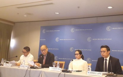 <p><strong>BSP RATES</strong>.  Bangko Sentral ng Pilipinas (BSP) Governor Benjamin Diokno (2nd from left), discusses the impact of the coronavirus disease 2019 (Covid-19) on the Philippines' growth this year during a press briefing on Friday (Feb. 14, 2020). Diokno said they are keeping their projection for now that the virus would dampen domestic growth by an average of 0.3 percent this year. (<em>PNA photo by Joann Villanueva</em>) </p>