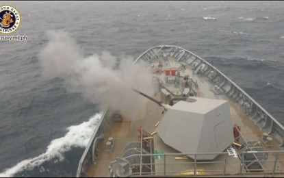 <p><strong>TEST FIRING.</strong> BRP Jose Rizal's is seen test-firing its 76mm Oto Melara Super Rapid main gun off South Korean waters on Wednesday (Feb. 12, 2020). This is part of sea trials which are the last phase of construction prior to the frigate’s delivery to the Philippines scheduled tentatively in April or May this year. <em>(Photo courtesy of Naval Public Affairs Office)</em></p>