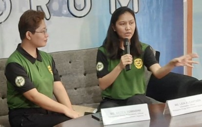 <p><strong>ANTI-DRUG BODY</strong>. Philippine Drug Enforcement Agency (PDEA)-Central Visayas information officer, Leia Alcantara (right) emphasizes a point as Nezen Tomabini, regional drug regulation officer, listens during the Association of Government Information Officers-Philippine Information Agency-7 forum in Cebu City on Tuesday (Feb. 18, 2020). Alcantara reminded leaders of drug-cleared villages to make their Barangay Anti-Drug Abuse Council (BADAC) highly functional to retain the status. <em>(PNA photo by John Rey Saavedra)</em></p>