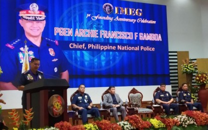 <p><strong>IMEG ANNIVERSARY.</strong> PNP chief, Gen. Archie Gamboa (left) delivers his speech during the first anniversary of the Integrity Monitoring and Enforcement Group in Camp Crame on Wednesday (Feb. 19, 2020). Activated in 2019, IMEG is the primary unit in charge of information gathering and operations against erring police personnel. <em>(PNA photo by Lloyd Caliwan)</em></p>