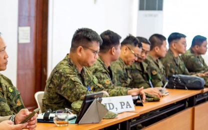 <p><strong>ANTI-NPA TEAM</strong>. Army officials join a meeting of the Eastern Visayas regional task force to end local communist armed conflict (ELCAC) at the Department of the Interior and Local Government (DILG) office in Tacloban City on Feb. 17, 2020. The Philippine Army urged villages not affected by insurgency to consider creating their respective task forces for them not to be targeted for infiltration by the New People’s Army. <em>(Photo courtesy of DILG)</em></p>