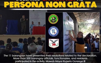 <p><strong>UNWELCOME.</strong> A graphic produced by the Army's 71st Infantry Battalion shows the declaration of the Communist Party of the Philippines- New People’s Army as persona non grata by three Davao de Oro towns last week. The towns are Mawab, Mabini, and Pantukan.</p>