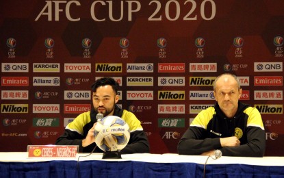 <p><strong>AFC CUP.</strong> Manny Oatt (left) of Ceres Negros discusses the team's upcoming match against Than Quang Ninh during the pre-match press conference of the 2020 AFC Cup at the Century Park Hotel in Manila on Monday (Feb. 24, 2020). Ceres Negros hosts the football team from Vietnam at the Rizal Memorial Stadium on Tuesday. Also in photo is Ceres Negros coach Risto Vidakovic. <em>(PNA photo by Jess M. Escaros Jr.)</em></p>